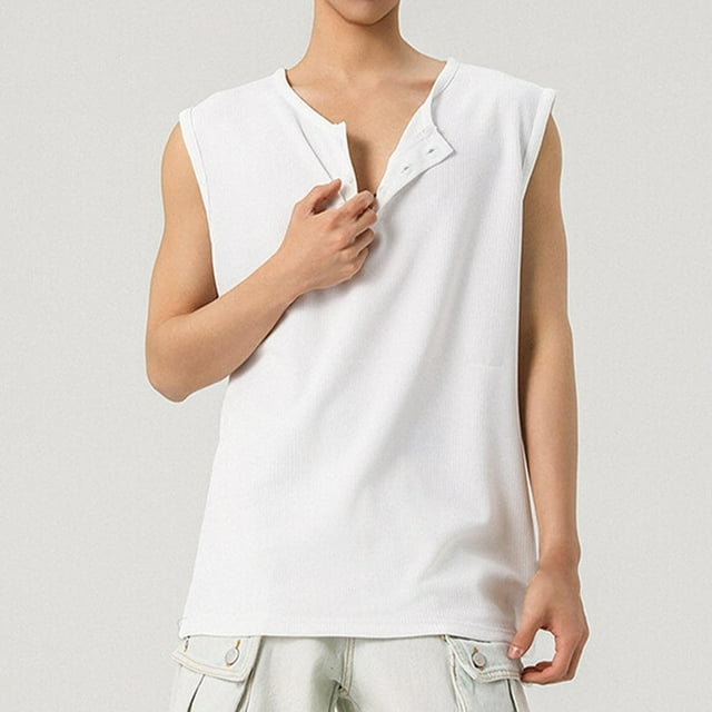 Camiseta de tirantes de cuello redondo para hombre, estilo vintage, color liso, con botones, moderna, para tiempo libre y fitness.