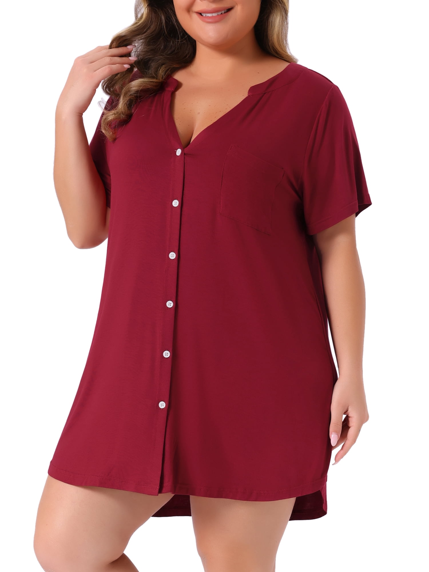 DARING DIVA Women's Plus Soft Short Sleeve Soft Button Down Nightgown 3X Burgundy