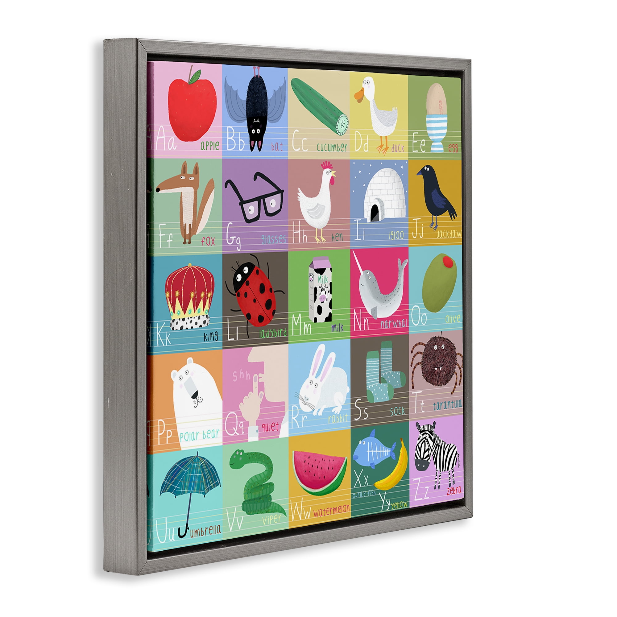 Stupell Industries Alphabet Learning First Words Gray Framed Floater Canvas Wall Art, design by Carla Daly