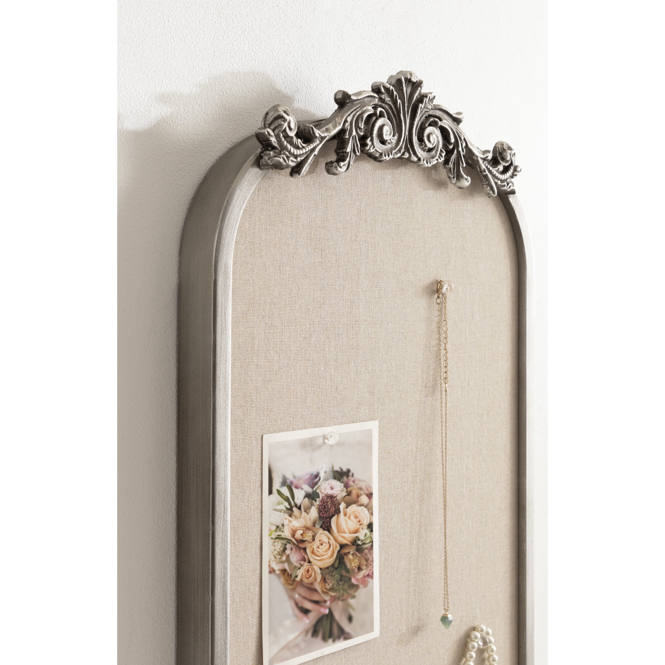 Kate and Laurel Arendahl Arch Pinboard, 13 x 25, Silver, Framed Arched Ornate Vintage Cork Board for Use as Motivational Vision Board or Wall Organizer
