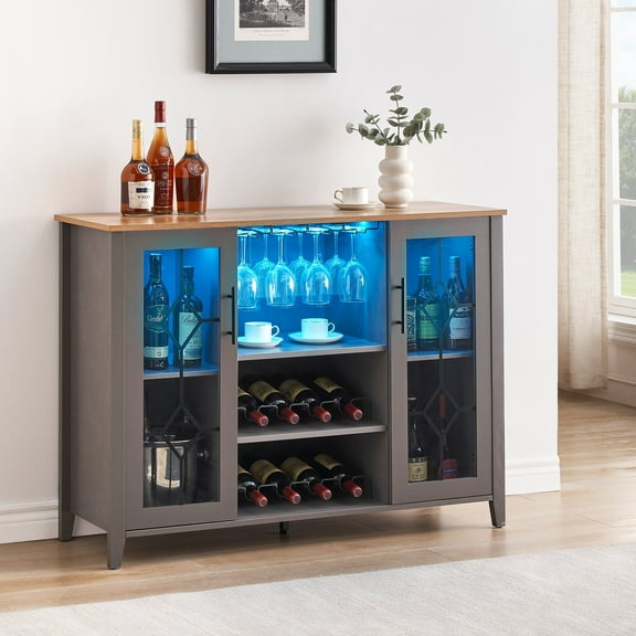 Wine Bar Cabinet with LED Lights, Coffee Bar Cabinet with Wine and Glass Rack, Liquor Cabinet, Kitchen Buffet Sideboard with Adjustable Shelves for Living Room, Dining Room (47.2"-Dark Grey)