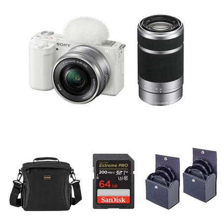 Sony Sony ZV-E10 Mirrorless Vlog Camera with 16-50mm Lens, Black - Bundle with E 55-210mm f/4.5-6.3 OSS Lens, 64GB SD Card, Shoulder Bag, 49mm Filter Kit, 40.5mm Filter Kit