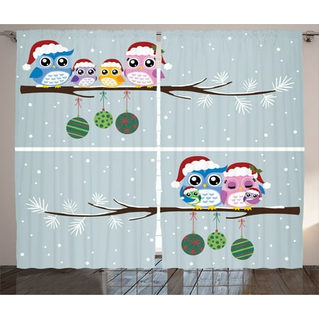New Bedroom Owl Curtains 2 Panels Set, Mother Father Baby Owls on Tree Branch Celebration Holly Season New Year Winter Night, Living Room Bedroom Decor, Multi, by Ambesonne ()