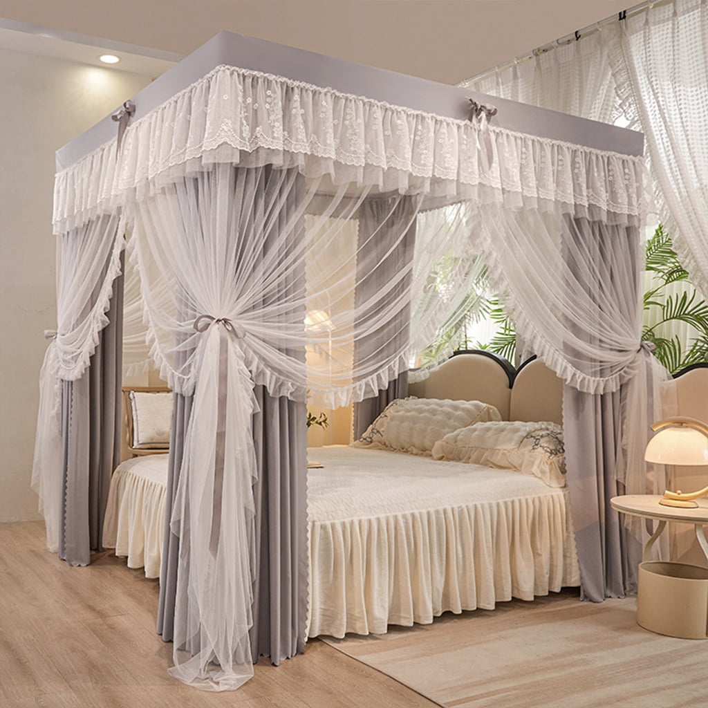 4 Corners Post Solid Color Bed Canopy Curtain Double Layer-Curtain & Ruffle Princess Mosquito Net 4 Opening Netting for Girls Teens Or Adults Bedroom Decoration, Grey, California King