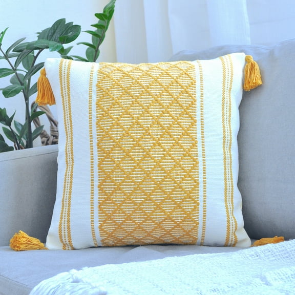 Decorative Throw Pillow Cover With Boho Tassels Mustard Yellow & Cream White 16x16 inch - Single Piece / Living Room Cushion Cover / Farmhouse Designer Woven PillowCase / Modern Accent Cushion Cover