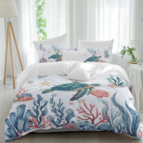 3 Piece Turtle Coastal Duvet Cover Set California King,Microfiber Comforter/Quilt Cover with Corner Ties and 2 Pillowcases,Summer Beach Ocean Shell Jellyfish Starfish Soft Bedding with Zipper Closure
