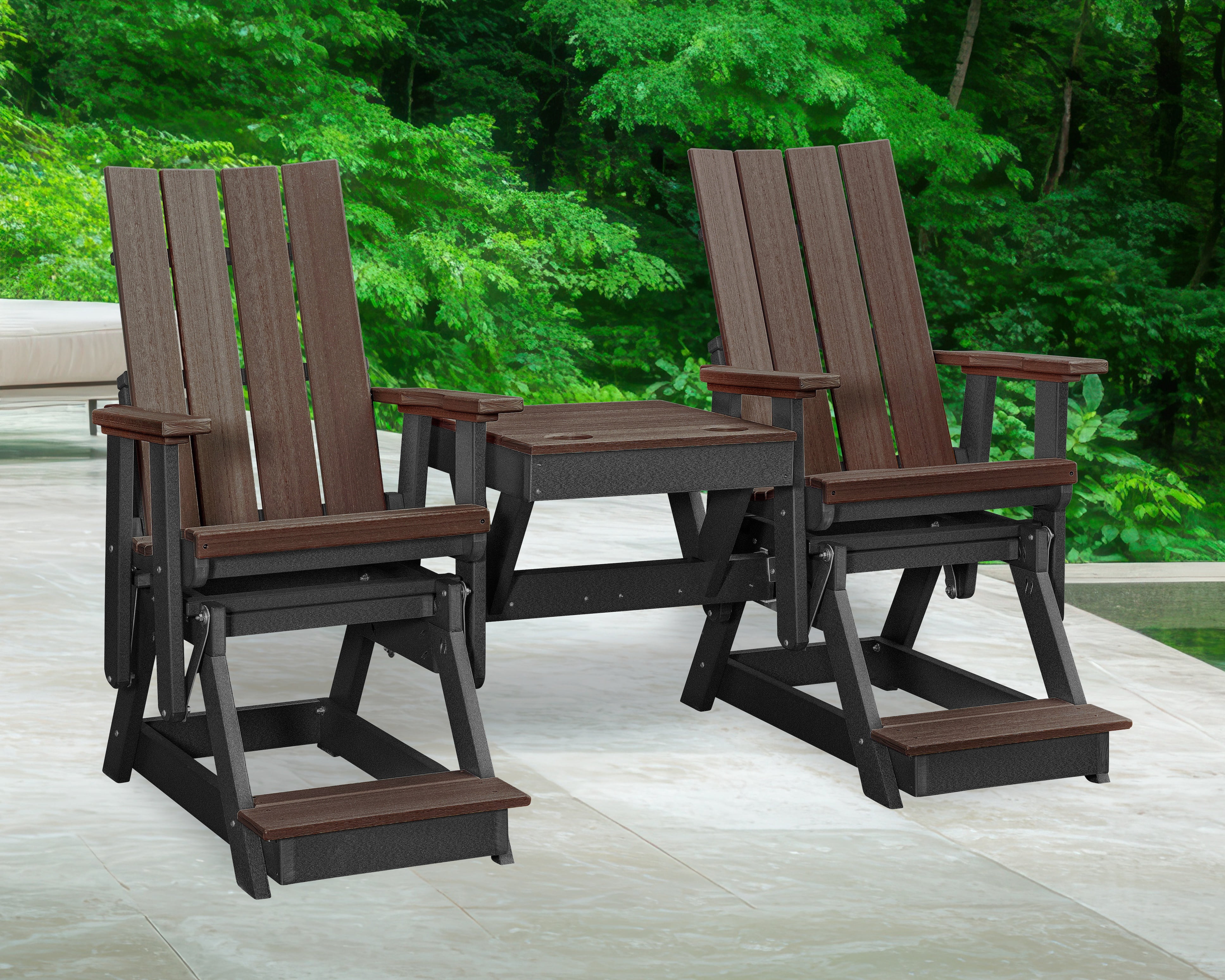 American Furniture Classics Model 416BZBK-K Brandon Balcony Height Double Glider with Center Table in Brazilian Walnut on a Black Base