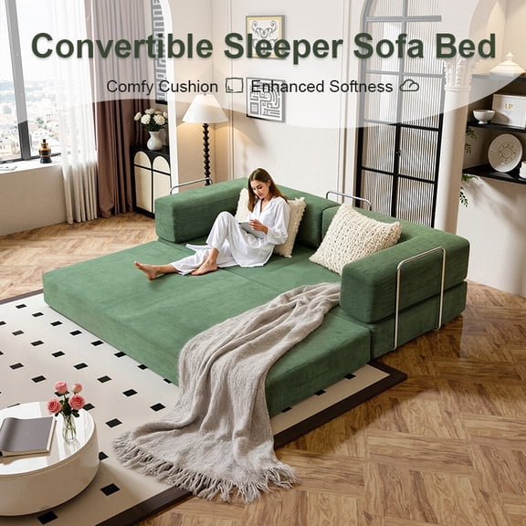 78.7IN Folding Sofa Bed,Convertible Sleeper Sofa Couch with Removable Pillows,Comfortable Floor Sofa for Living Room,Bedroom, Apartment,No Assembly Required,Freestanding,Corduroy,Green