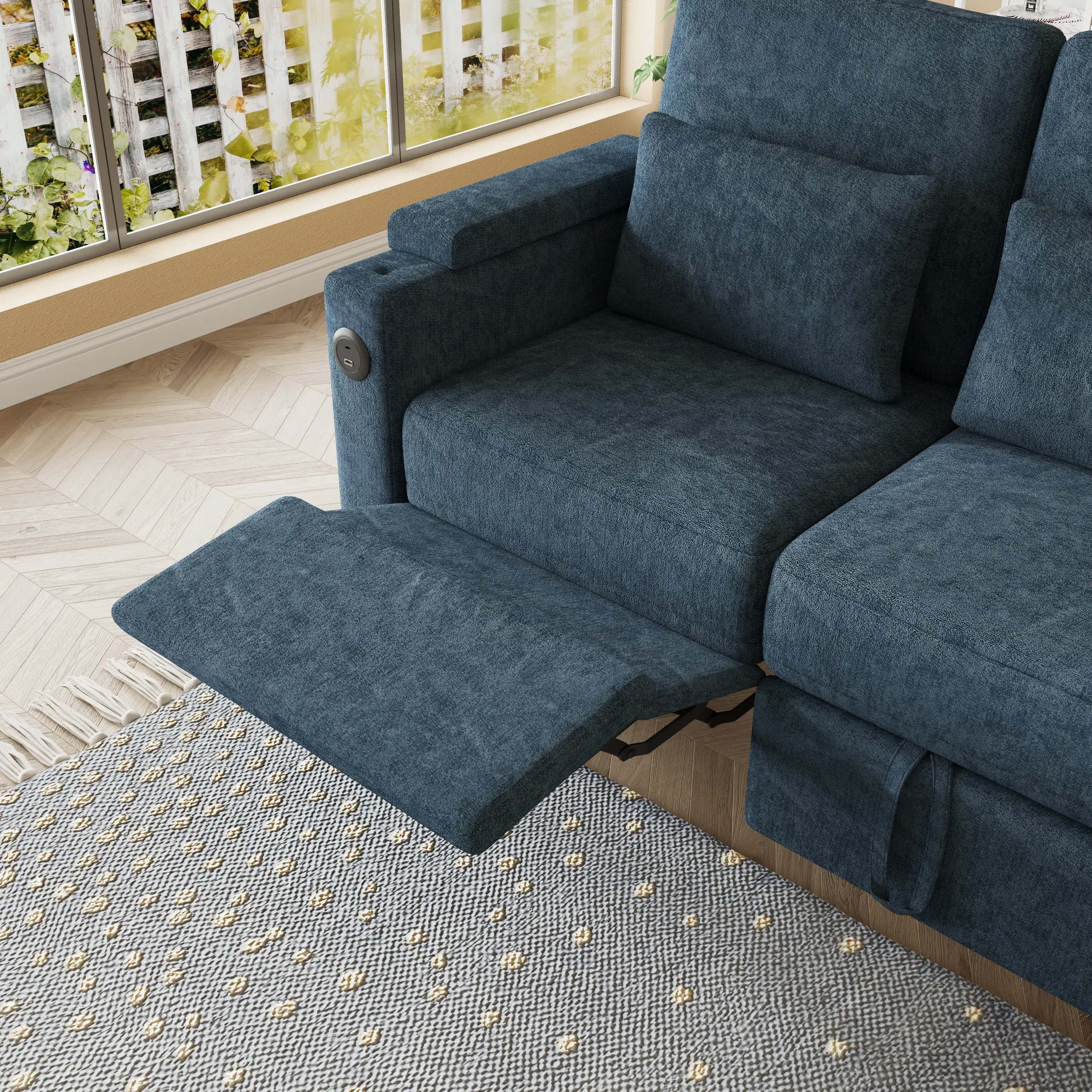 Aukfa 83" Convertible Sofa Bed, Chenille 3-Seater Pull-Out Sleeper Couch with Recliner, USB Port, Swivel Table & Storage Armrests,Blue