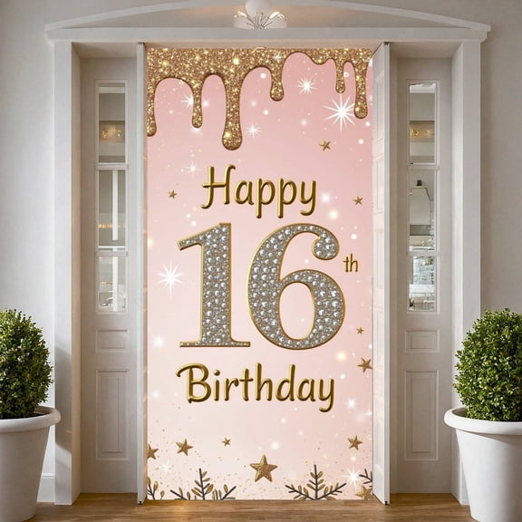 Pink Theme Happy 16th Birthday Banner Gold Glitter Sweet 16 Banner Decor Star Pattern 16th Birthday Party Banner for Sweet 16 Party Teen Birthday Celebration Girls Party