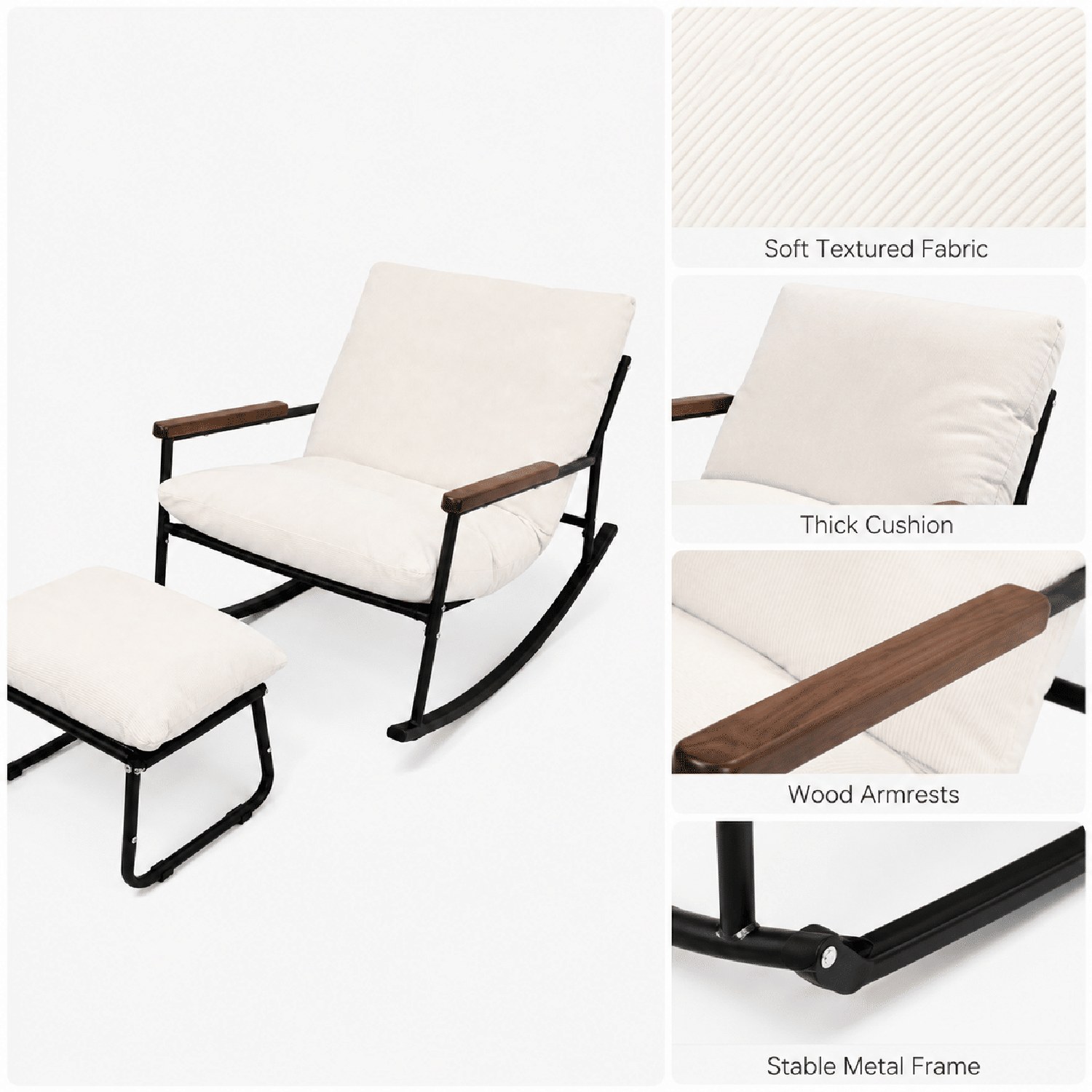 Papasan Rocking Chair with Thickened Cushion and Matching Ottoman, Solid Wood Armrests and Rockers, Comfy Reading Lounge for Nursery, Living Room, Bedroom, Porch and Balcony