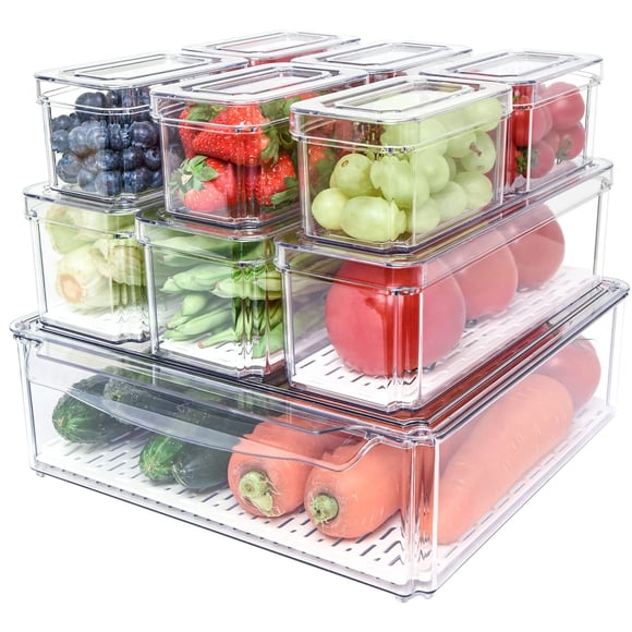 POMEAT Lot de 10 Organiseurs de Réfrigérateur, Bacs Empilables avec Couvercles, Conteneurs de Stockage pour Fruits Transparents pour Nourriture, Boissons