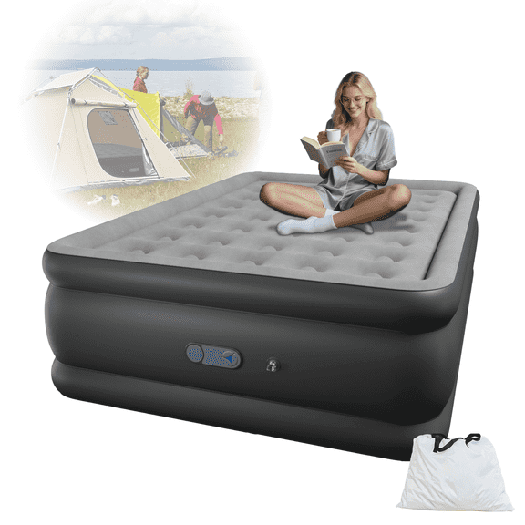 Full 22" Top Flocking Air Mattress with Built-in Pump Raised Comfort,Fast Inflation/Deflation Foldable Portable Air Bed with Storage Bag for Home,Camping,Guests Grey