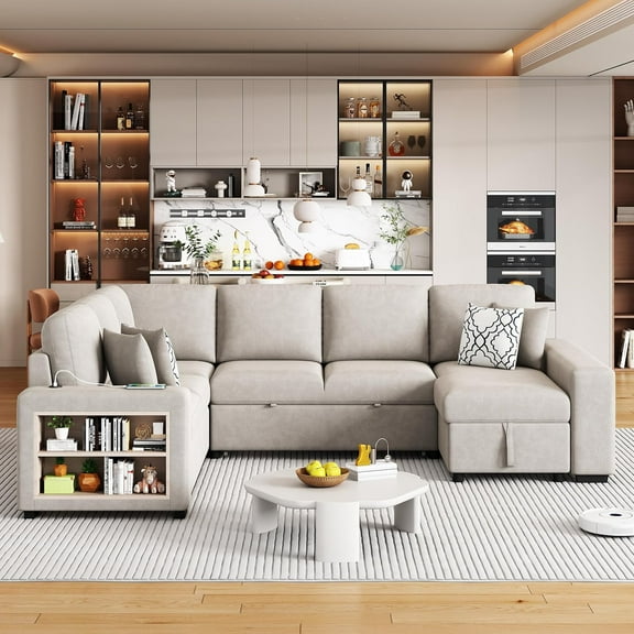 Merax 109" Large Sectional Sleeper Sofa with Pull Out Bed, Storage Chaise/Shelf & USB Ports, Light Grey Oversized 5 Seat U-Shaped Couch Set, Convertible Sofabed for Living Room and Apartment, Beige
