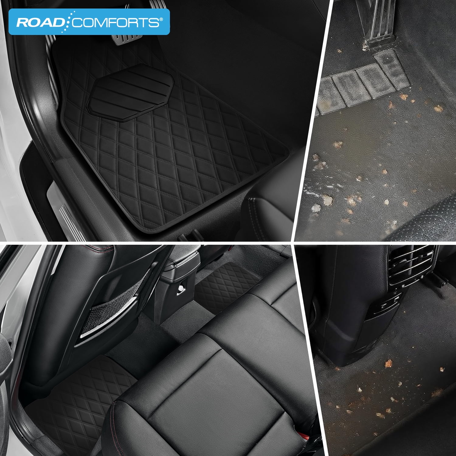 Road Comforts 4PC Leather Quilted Car Floor Mats, Stylish, Durable, Waterproof, Non-Slip, Full Coverage for Cars and SUVs Black