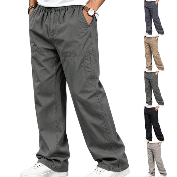 Mens Elastic Waist Pants Sevevn Full Elastic Waist Slant Pockets Side Pockets Straight Leg Relaxed Fit Cotton Woven Trousers for Casual Lounge Daily Wear