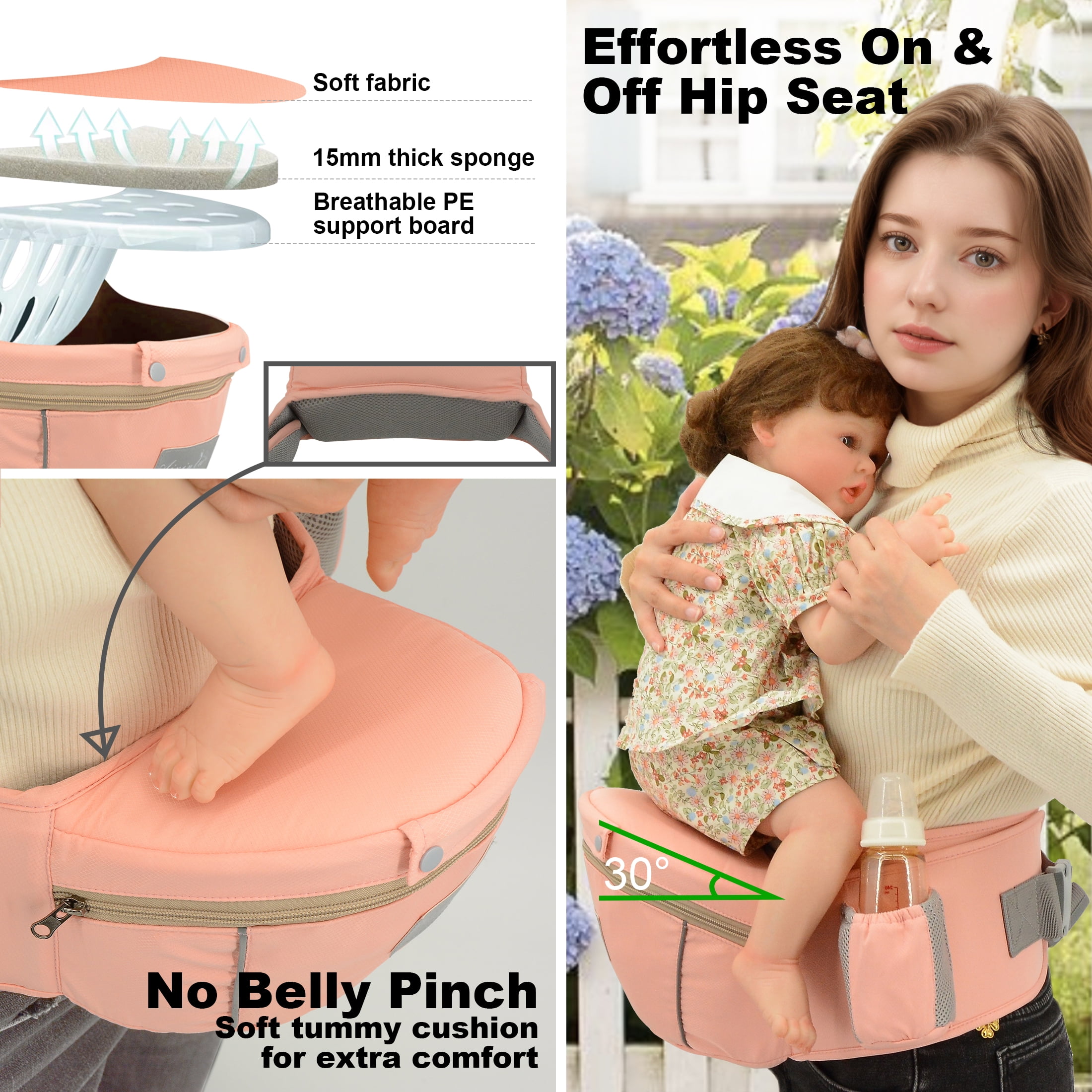 Baby Carrier, Derstuewe Baby Wrap Carrier for Infants with Hip Seat , Adjustable Baby Holder for Dad &Mom-Soft Pink