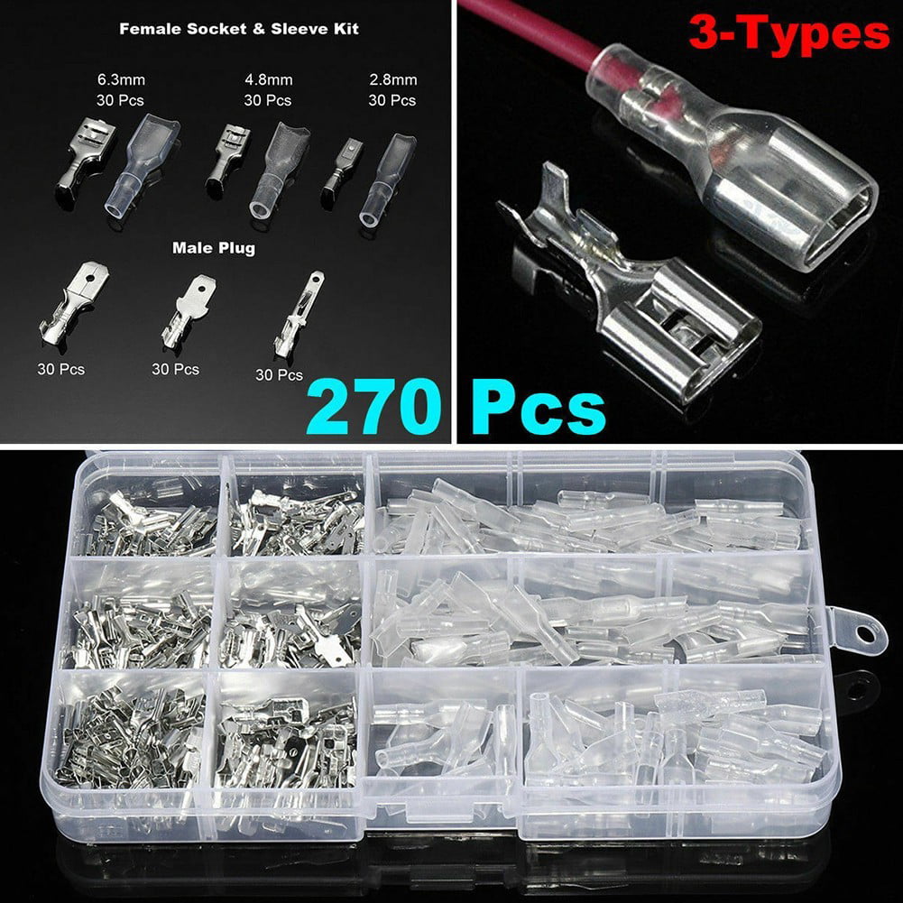 Clear 270Pcs Male Female Wire Spade Connectors,Wire Crimp Terminal Block 2.8mm 4.8mm 6.3mm with Insulating Sleeves Assortment Kit for Electrical Wire Crimping 