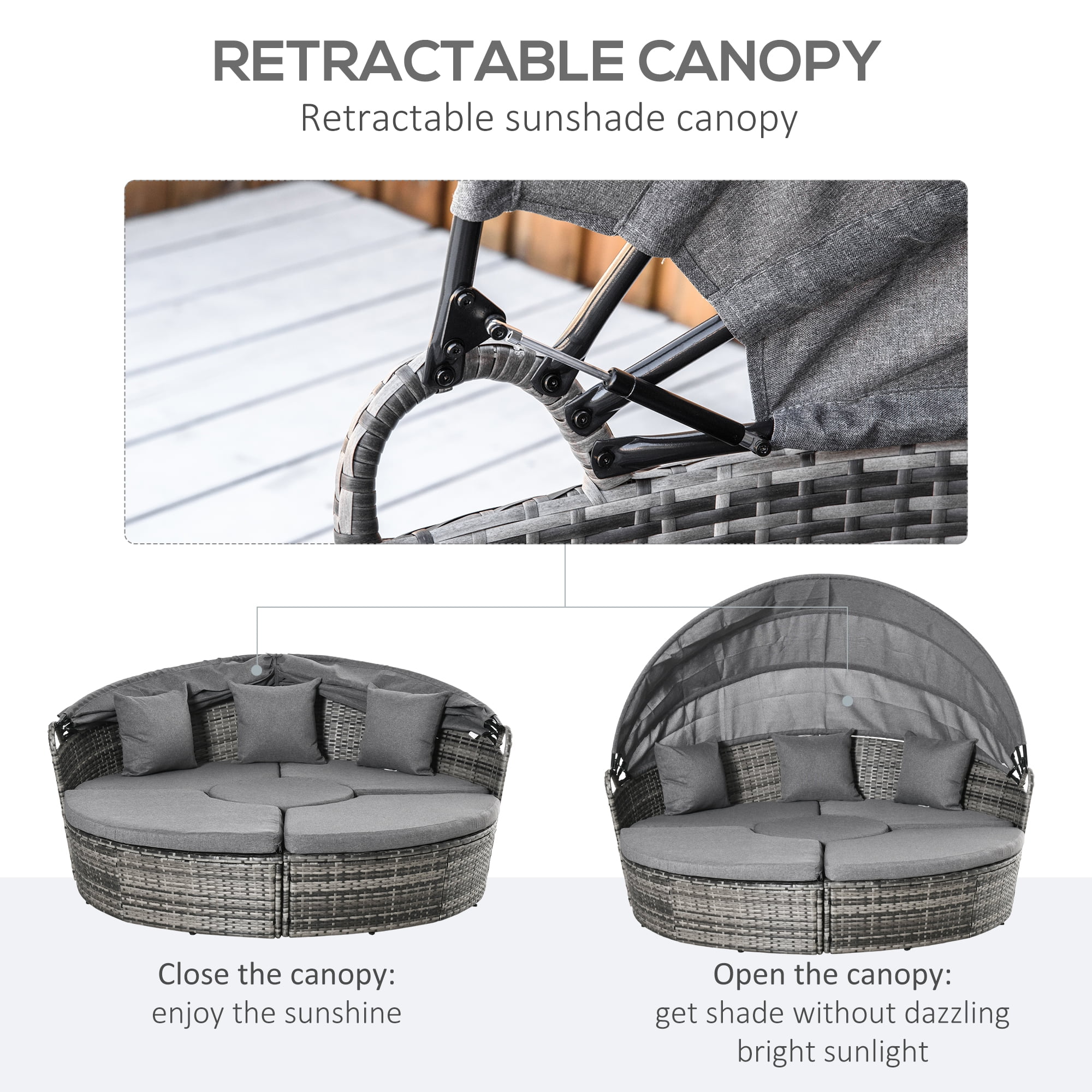 Outsunny 4pc Rattan Patio Furniture Set, Sectional Outdoor Sofa Set with Adjustable Sun Canopy, 2 Chairs, Extending Tea Table, Pillows, Gray