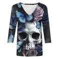 thumbnail image 4 of Craaazy Halloween Plus Size Casual Tops for Women Solid Color V Neck 3/4 Length Sleeve Halloween Printed Stretch Autumn Festival Daily Wear Blouse, 4 of 5