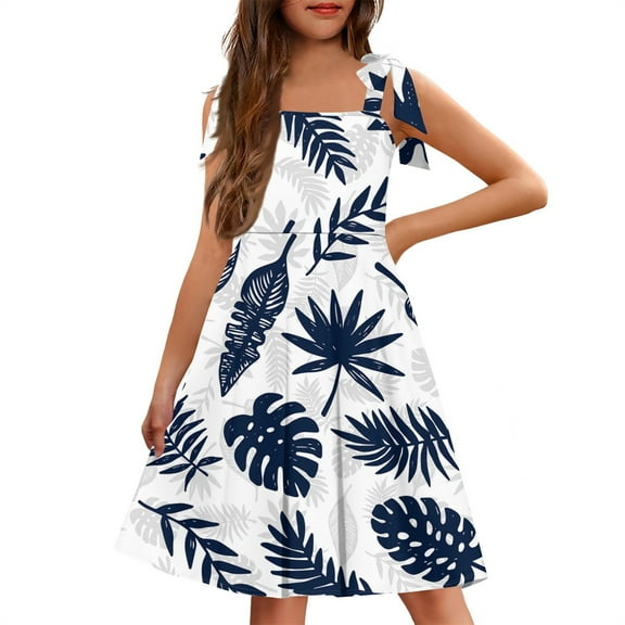Abcomgle Girls Summer Dress Kids Casual Tie Shoulder Sleeveless Girls Cami Dresses Hawaiian Palm Tree Square Neck Sundresses Swing Beach Dresses with Pockets 8-9 Years ,White