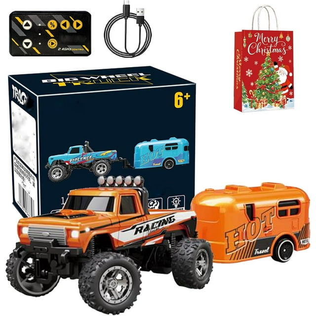 Mini Camion Tout-Terrain avec Lumières, 1:64 Mini Camion Monstre Rc, Télécommande 2.4ghz, 3 Vitesses Réglables, Camions Rc Rechargeables USB, Idées Cadeaux de Noël Anniversaire Cool (Orange avec Camion de Remorquage)