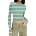 thumbnail image 2 of Royisotas Casual Women's Plus Size Tops Green Fall and Winter Striped Long Sleeve Women's Shirts Slim Crew Neck Cropped Tshirts, 2 of 7