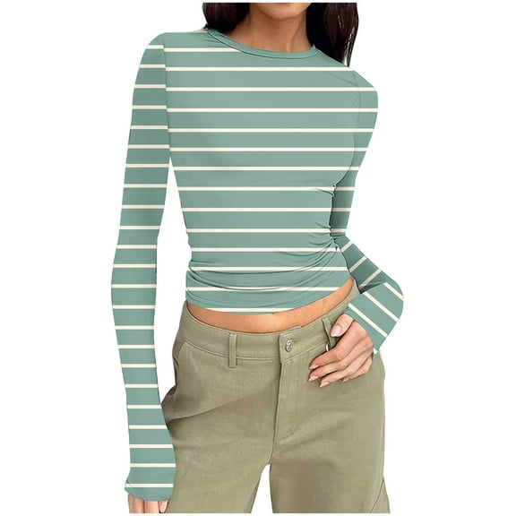 Taqqpue Women's Long Sleeve Shirts Casual Striped Print Crew Neck Crop Tops Basic Going Out Slim Fit Tight Y2K Blouse Tops