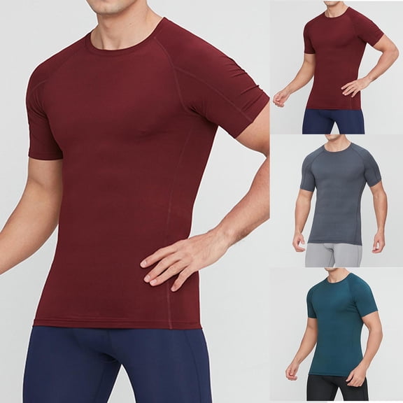 YHAJDS Stretch Crew Tee Men Solid Color Short Sleeve Slim Fit Elastic Summer Top