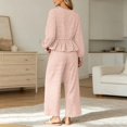 thumbnail image 4 of Szluipve 2 Piece Sets for Women Gingham Plaid Round Neck Long Sleeve Ruffle Peplum Top And Drawstring Wide Leg Cropped Pants 2 Piece Outfit Casual Loungewear Set With Pockets Pink XL, 4 of 6