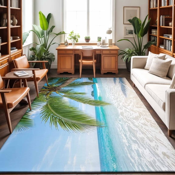 8'x10' Area Rugs, Coastal Palm Trees Indoor Outdoor Area Rug for Living Room Bedroom, Summer Beach Tropical Seaside Ocean Washable Bathroom Rugs Kitchen Floor Carpet Mats Home Decor Aesthetic