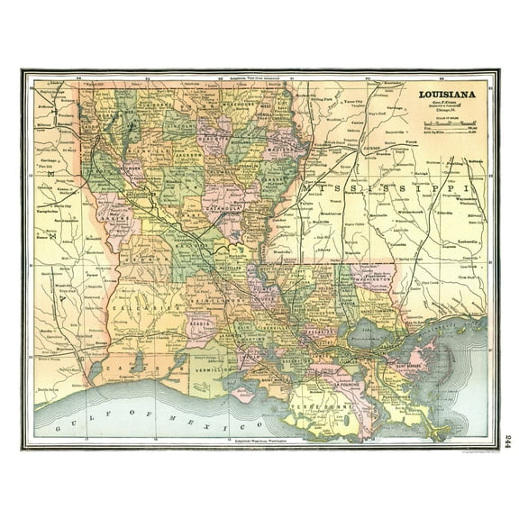 Historic State Map - Louisiana - Johnson 1888 - 28.26 x 23 - Vintage Wall Art