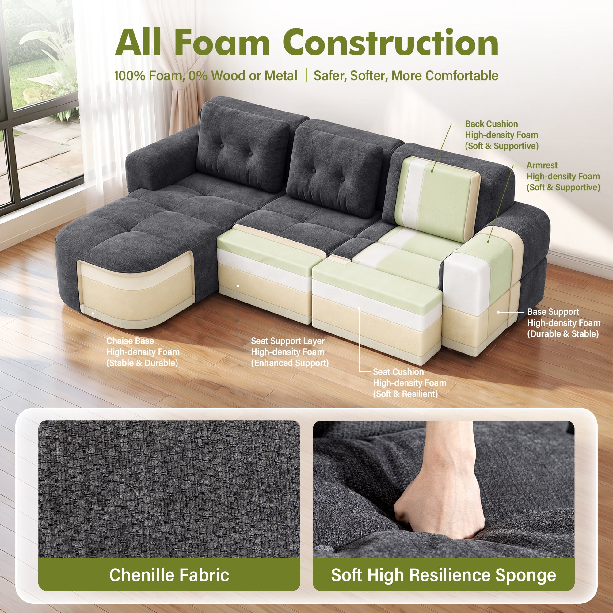 Aukfa 112" Modular Sectional Sofa with Chaise, Full-Foam Boneless Cloud Couch, Woven Chenille Oversized Deep Seat Sofa with 3 Pillows for Living Room, Dark Gray