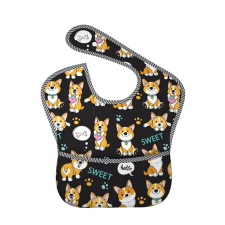 

Bingfone Mess-Proof Baby Bib - Waterproof Bib for Baby Boy or Girl with Food Catcher Pocket Unisex-Cute Dogs Corgi