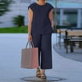 thumbnail image 2 of Women’s Casual Linen 2 Piece Outfits Cap Sleeve Crewneck Blouse with Loose Wide Leg Cropped Pants Sets With Pockets, 2 of 7