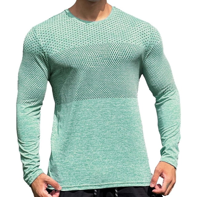 WTXUE Couches de Base Manches Longues, Col Rond Maille Respirante Chandail de Base Course Basketball Extérieur Vêtements de Sport pour Hommes Green L