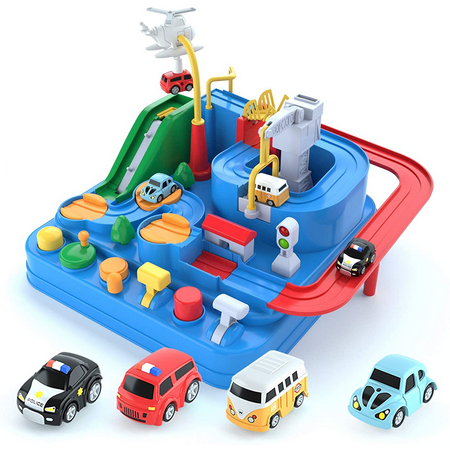Adventure Race Car Tracks Toys for 3 4 5 6 Year Old Boys Parent-Child Interactive Racing Kids Game Set with Police car, Ambulance, School Bus, Taxi