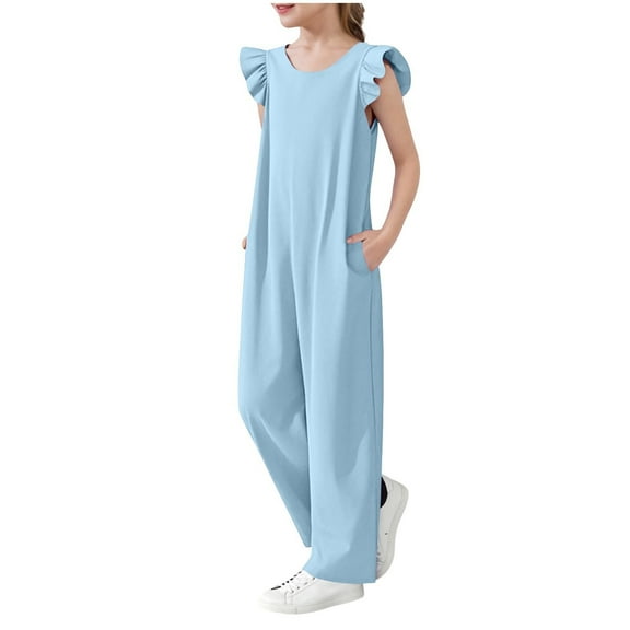 ZACPNCV Girls Jumpsuit Kids Cap Sleeve Belted Wide Leg Romper One Piece Summer Outfits Blue 7-8 Years