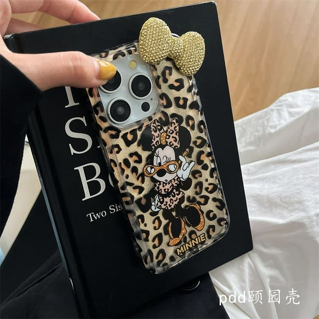 Pour iPhone 16 Plus 15 Pro Max 14 13 Pro 12 Mini 11 X TP XR 7 8 SE Nœud Diamant Minnie Léopard Doublure Lustrée Étui Rigide pour iPhone 11Pro Max