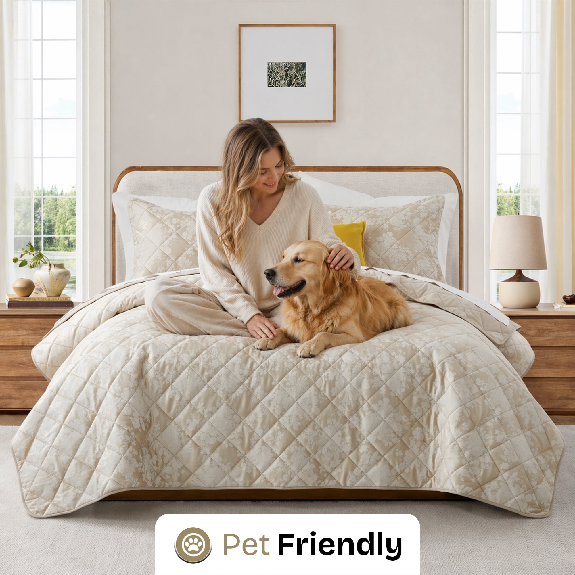 Ameha 3-Piece Velvet Quilt Set Floral Diamond Pattern Ultrasonic Embossed Bedspread Reversible Lightweight Microfiber Coverlet King Size Beige