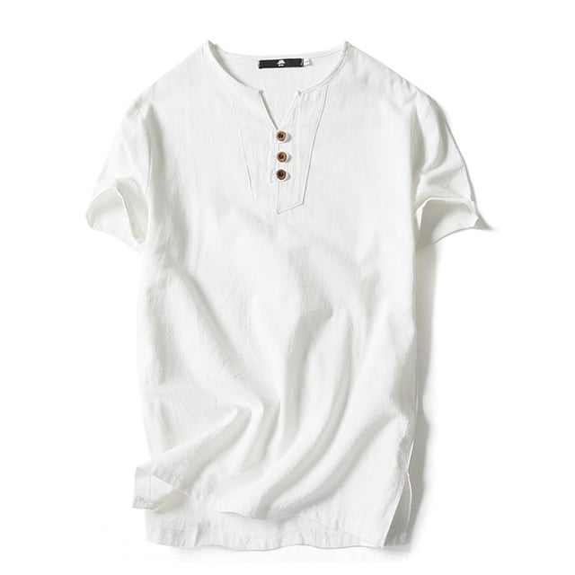 MAWCLOS Hommes T-Shirts Coton Lin Tops Couleur Unie T-Shirt Plage Décontracté Style Rétro Pull Whtie-3 2XL