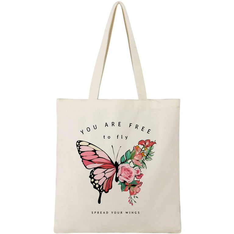 Cute Canvas Tote Bag with 2 Inner Pockets Butterfly Aesthetic Gift Tote Bag  for Women Trendy Beach Tote Bag w Handles 12OZ Heavy Duty Bag for Shopping  Washable Reusable Tote Bag 