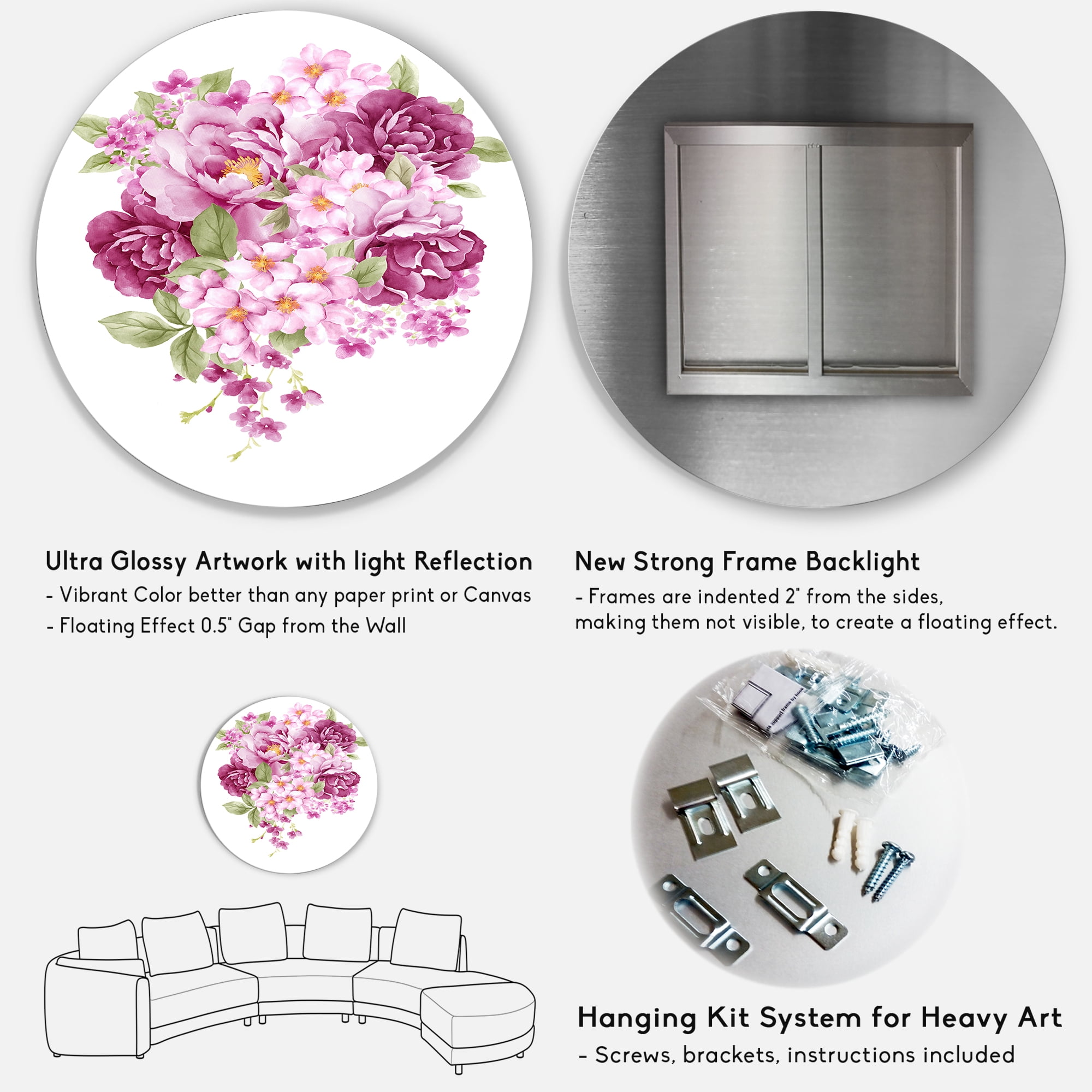 Designart 'Bouquet Of Pink Retro Flowers' Traditional Circle Metal Wall Art 11x11 - Disc of 11