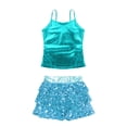 thumbnail image 3 of TiaoBug Kids Girls 2 Pcs Jazz Dance Outfit Set Sequin Cami Vest Top with Ruffle Tutu Skirt for Hip Hop Performance Dancewear Blue Green-A 10, 3 of 5