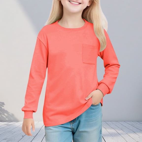 Busydd Girls' Tops, Tees & Blouses 5-14 Years Fashion Fall Solid Color Girls Long Sleeve Shirts Comfy Round Neck Pullover Teen Girl Clothes with Pocket 5 Years