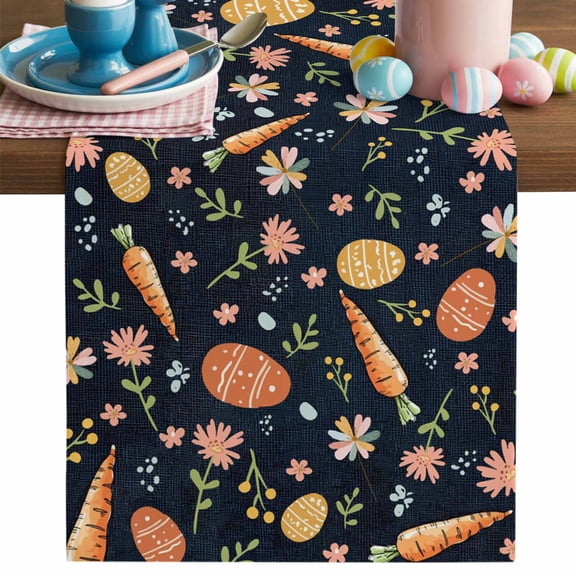 Easter Table Runner, Spring Colorful Carrots Eggs Flowers Black Background Cotton Linen Kitchen Table Decoration Washable Dining Tabletop Runners for Home Party Decor 13x36 Inches