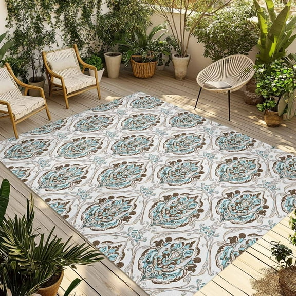 Fsddascl Light Blue Floral Outdoor Rug for Patio/Deck/Porch, Non-Slip Large Area Rug 6 x 9 Ft, Sliver Vintage Country Artwork Indoor Outdoor Rugs Washable Area Rugs, Reversible Camping Rug Carpet