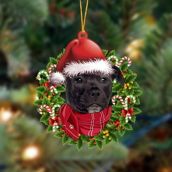 Acrylic 2D FLAT BLACK American Staffordshire Terrier-Xmas Bandana Hanging Ornament