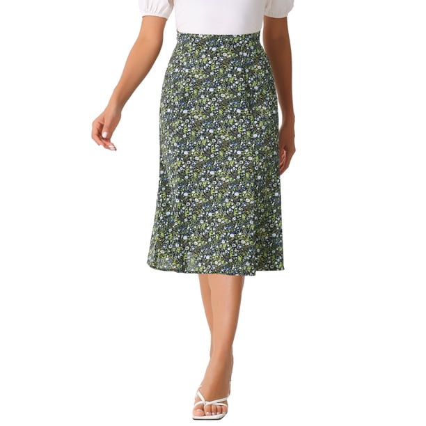 Faldas Midi Peasant de Mujer INSPIRE CHIC con Cintura Elástica A-Line de Flores Ditsy en Negro y Verde Talla S