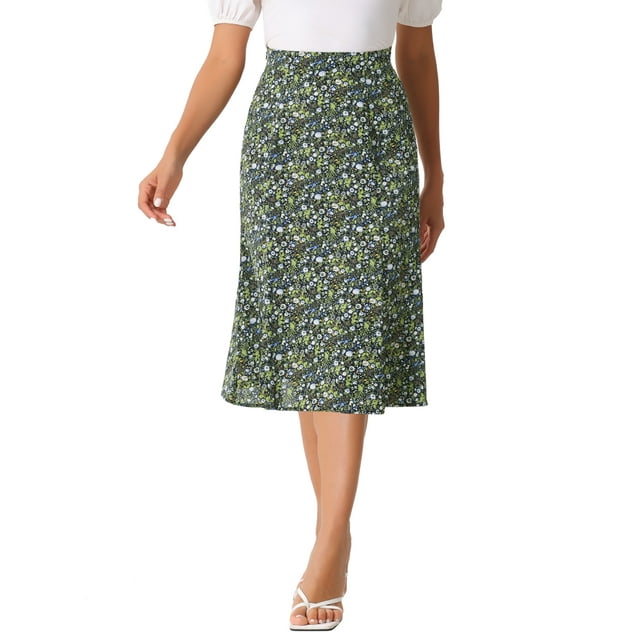 Faldas Midi Peasant de Mujer INSPIRE CHIC con Cintura Elástica A-Line de Flores Ditsy en Negro y Verde XS